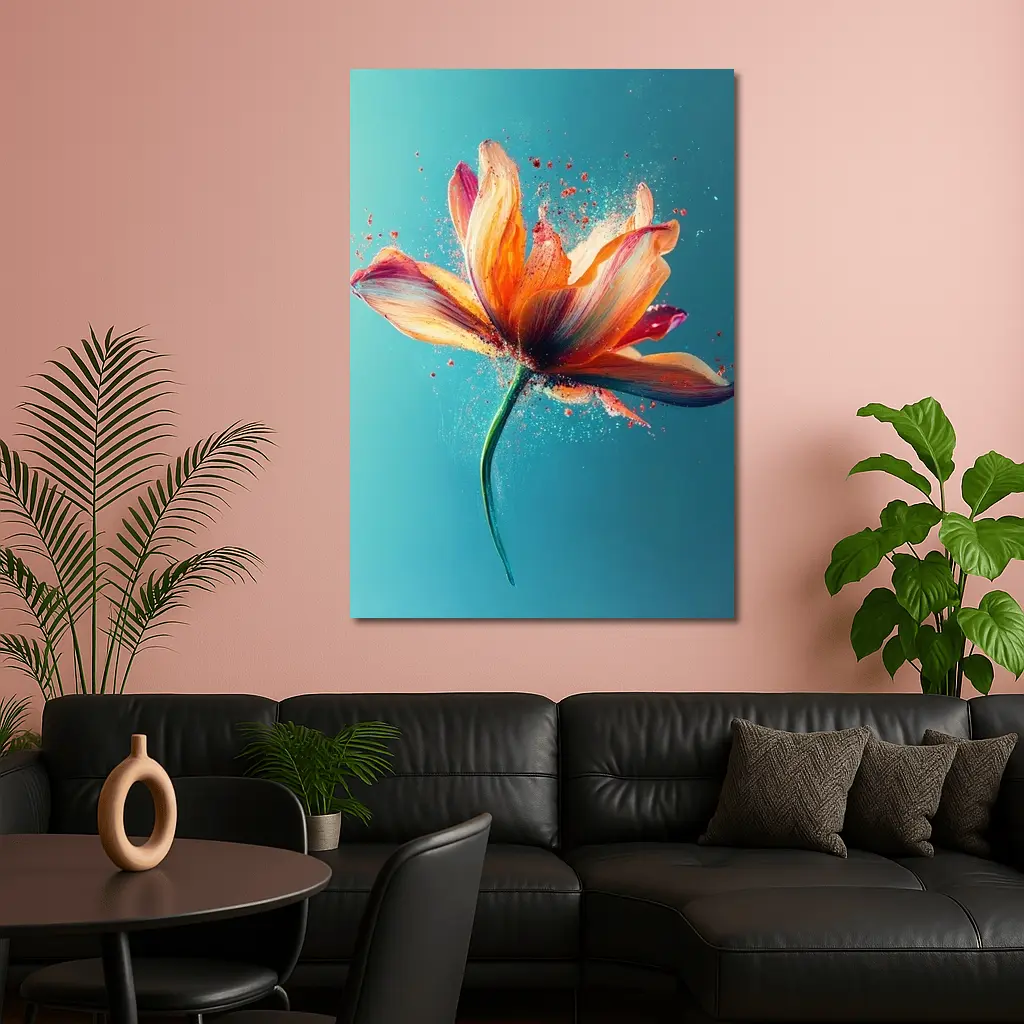 Orange Tulip Flower Explosion Teal Background – Wall Art