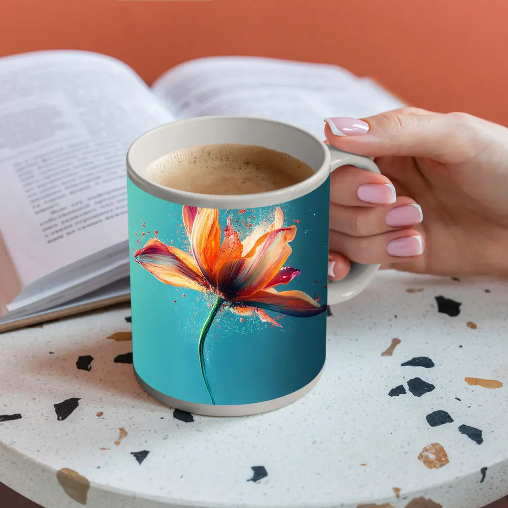 Orange Tulip Flower Explosion Teal Background – Mugs