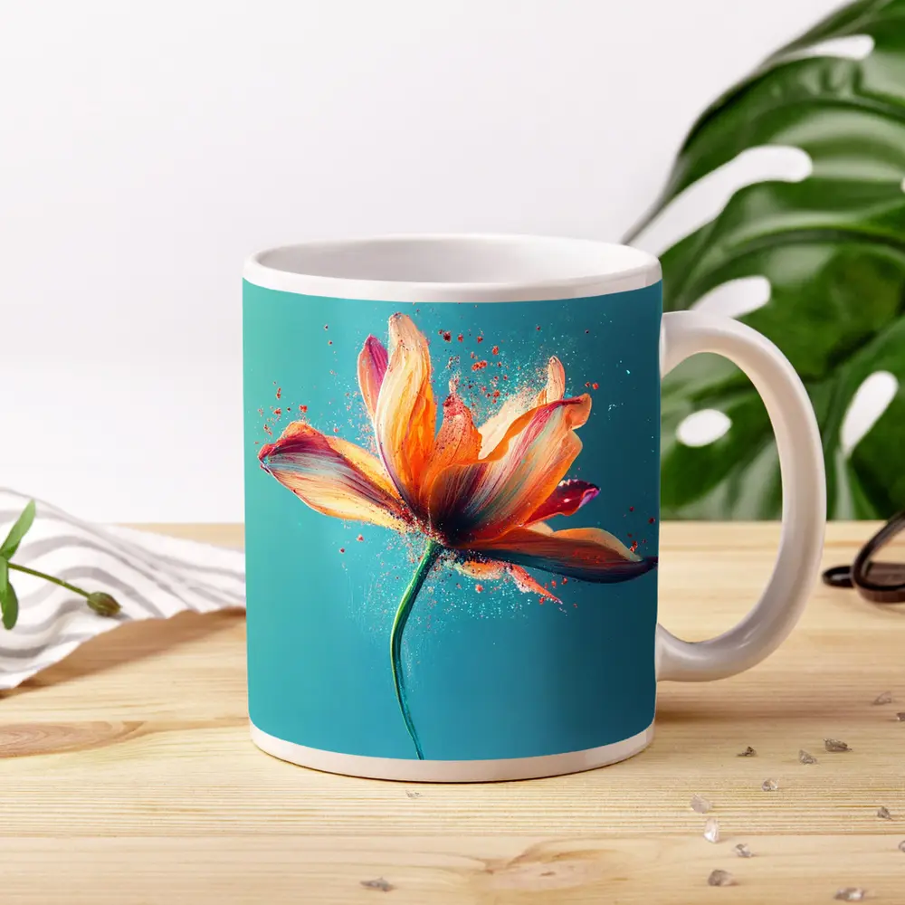Orange Tulip Flower Explosion Teal Background – Mugs