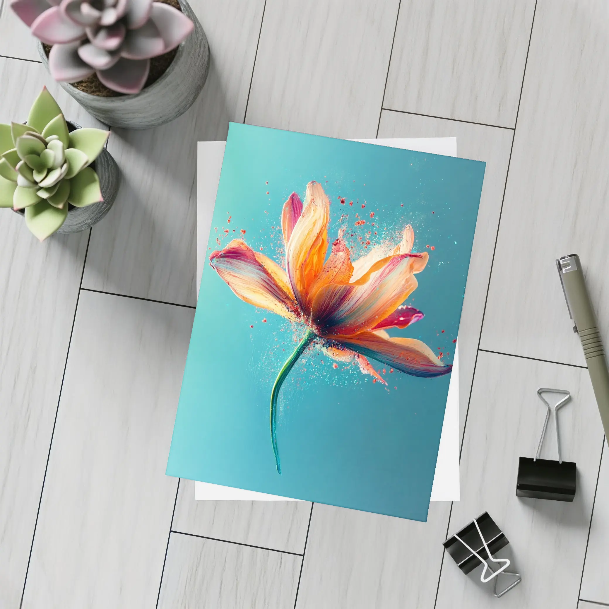 Orange Tulip Flower Explosion Teal Background – Postcards