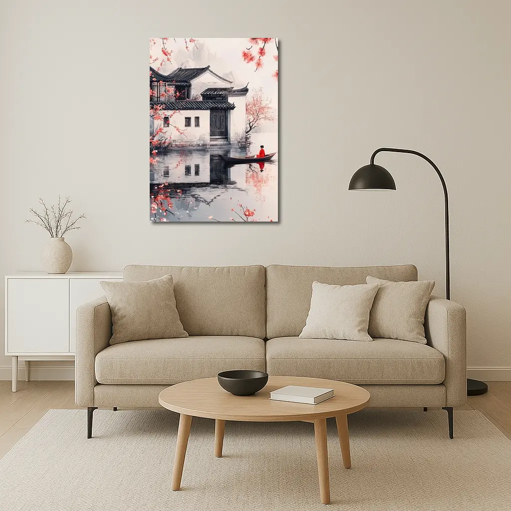 Chinese Ink Painting Woman Boat Cherry Blossoms – Wall Art