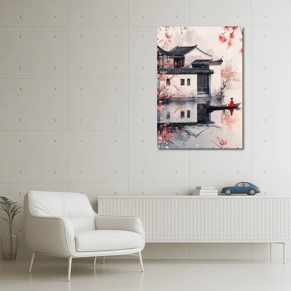 Chinese Ink Painting Woman Boat Cherry Blossoms – Wall Art