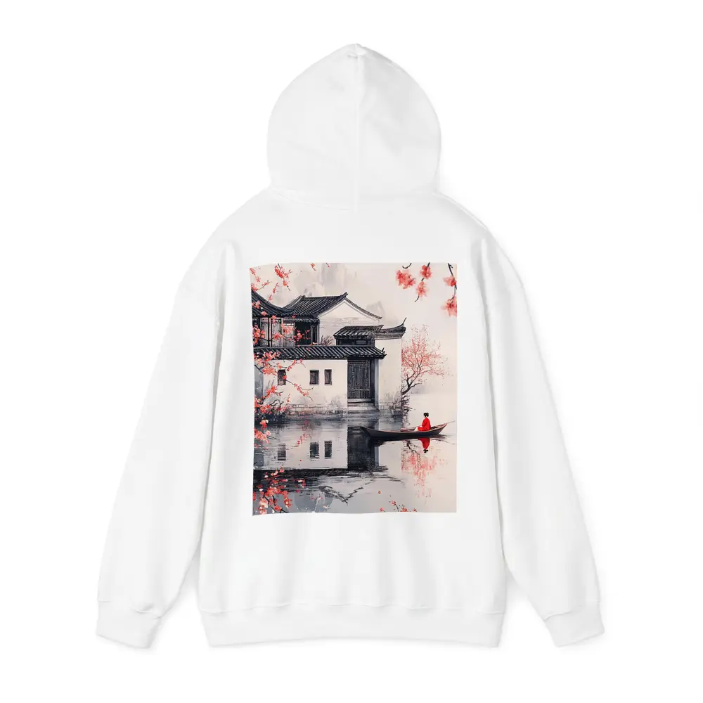 Chinese Ink Painting Woman Boat Cherry Blossoms – Hoodies