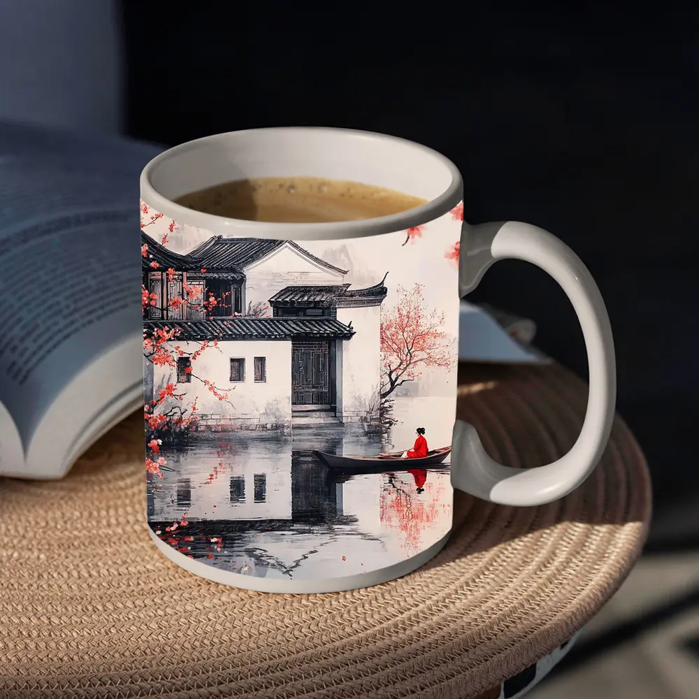 Chinese Ink Painting Woman Boat Cherry Blossoms – Mugs