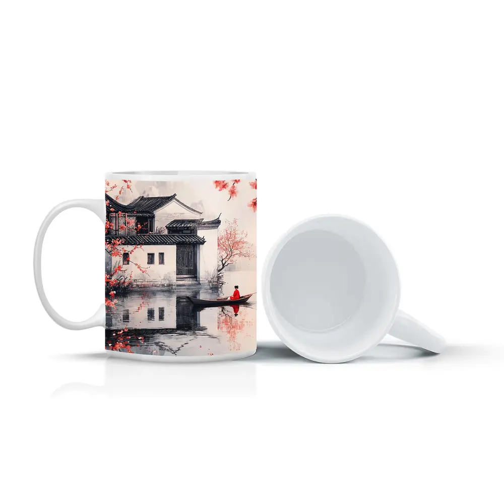 Chinese Ink Painting Woman Boat Cherry Blossoms – Mugs