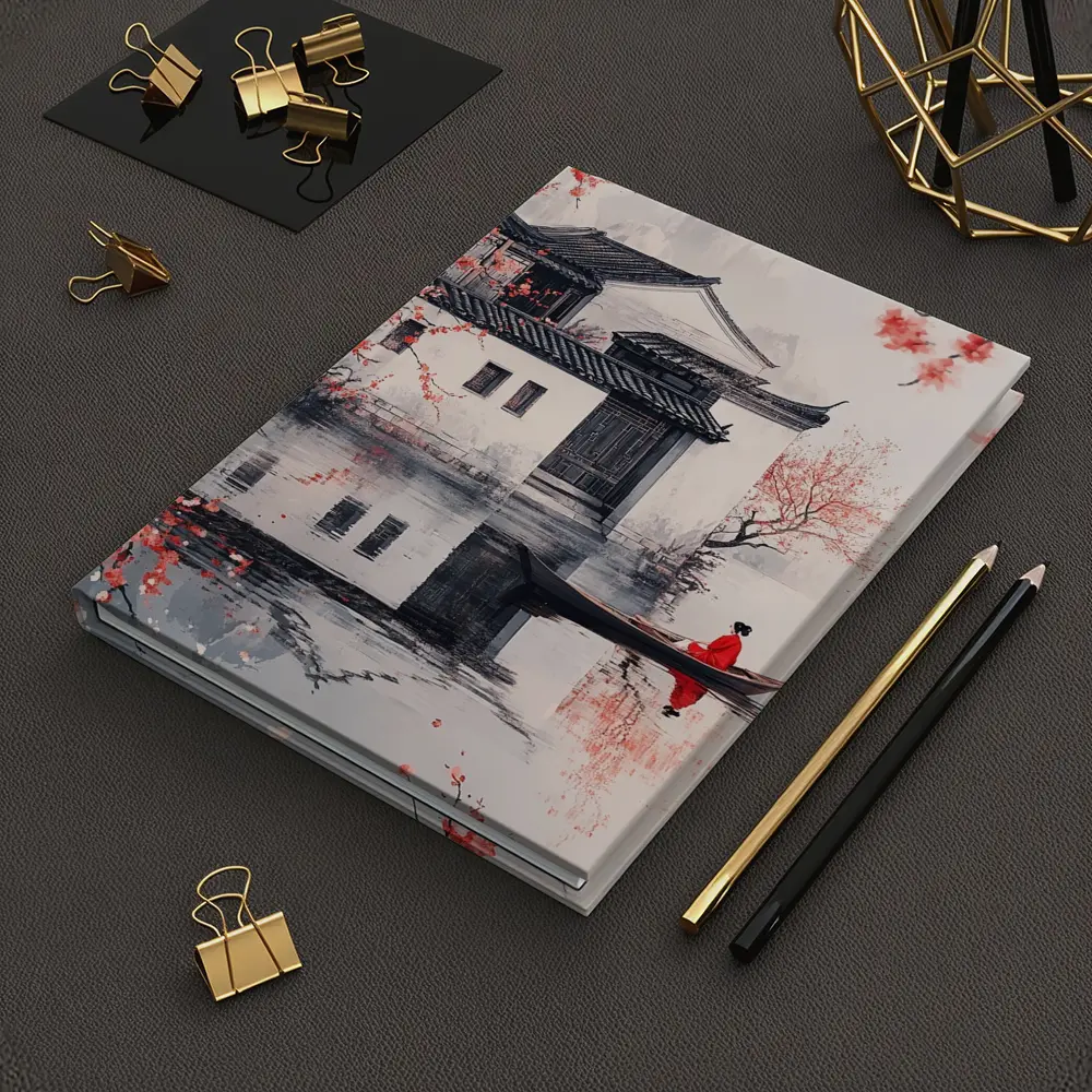 Chinese Ink Painting Woman Boat Cherry Blossoms – Notebooks