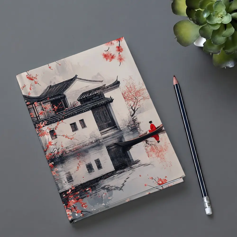 Chinese Ink Painting Woman Boat Cherry Blossoms – Notebooks
