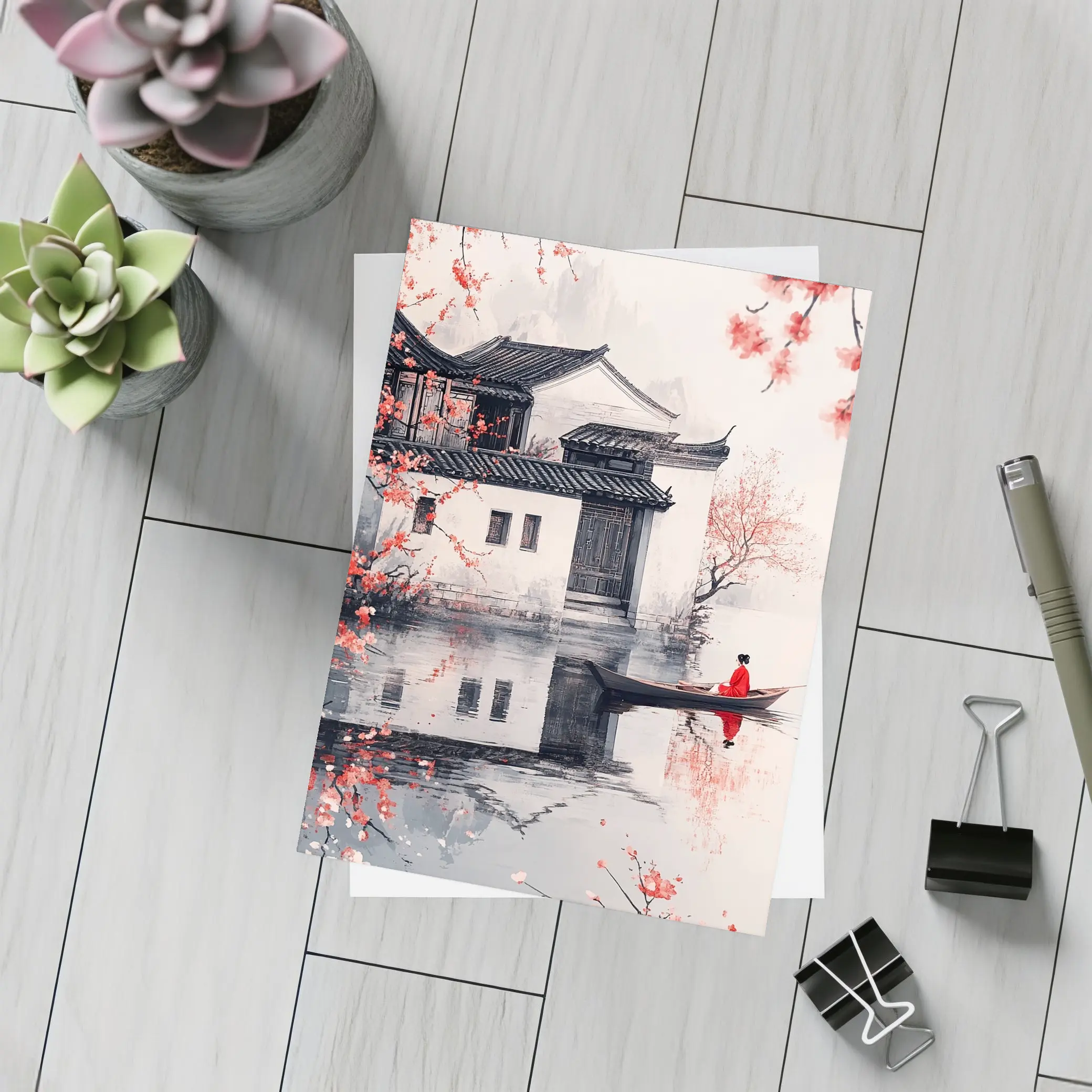 Chinese Ink Painting Woman Boat Cherry Blossoms – Postcards
