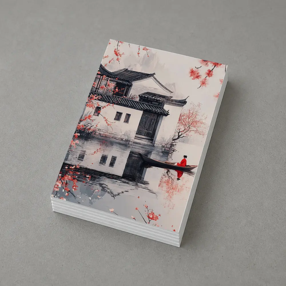 Chinese Ink Painting Woman Boat Cherry Blossoms – Postcards