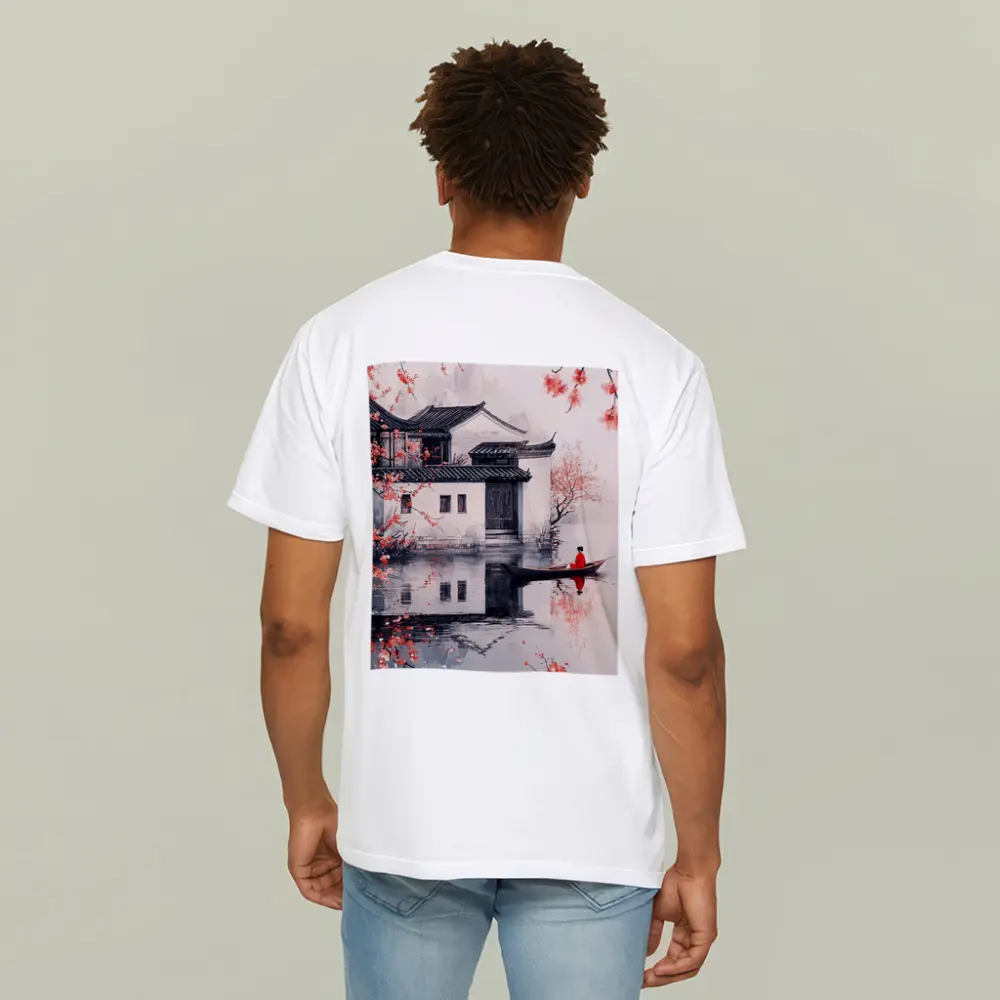 Chinese Ink Painting Woman Boat Cherry Blossoms – T-Shirts