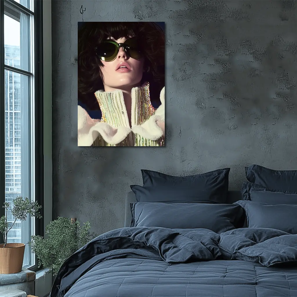 Retro Woman Green Sunglasses Sequin Fashion Portrait – Wall Art