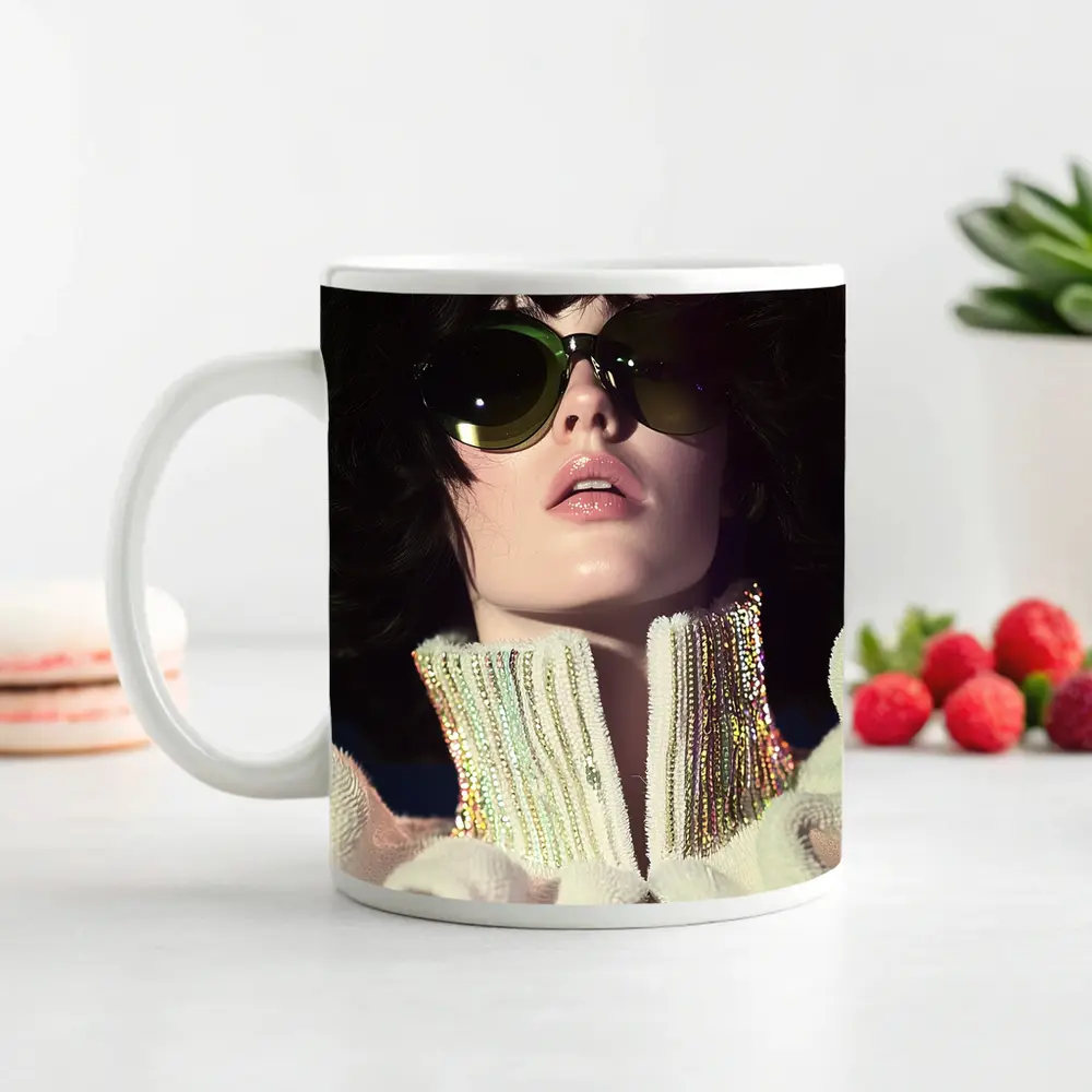 Retro Woman Green Sunglasses Sequin Fashion Portrait – Mugs