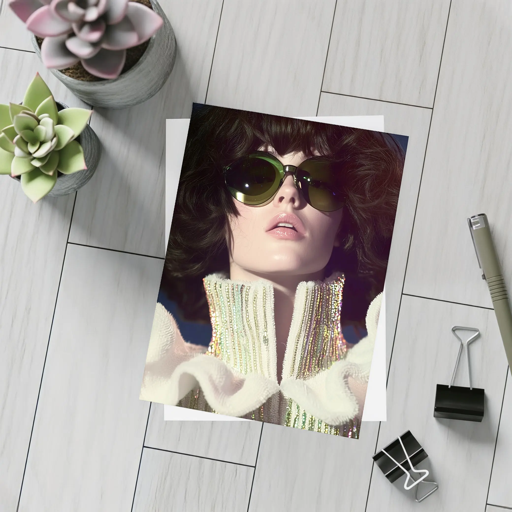 Retro Woman Green Sunglasses Sequin Fashion Portrait – Postcards