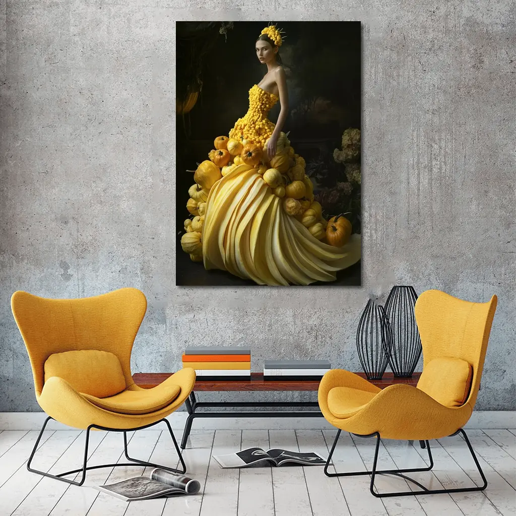 Woman In Yellow Vegetable Gown Dark Background – Wall Art