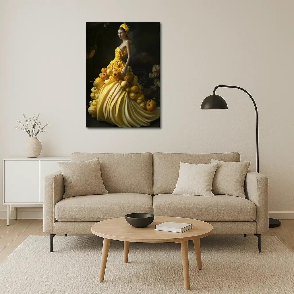 Woman In Yellow Vegetable Gown Dark Background – Wall Art