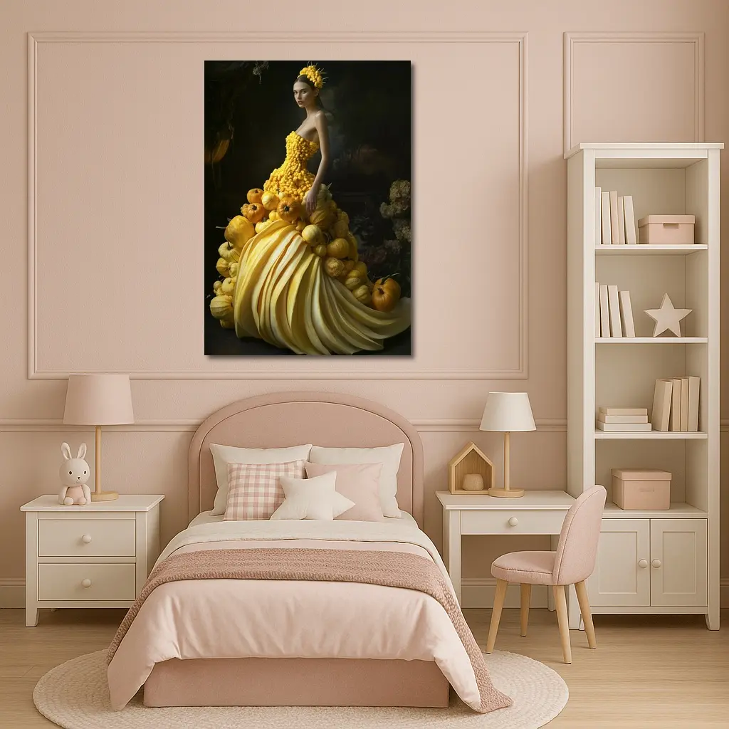 Woman In Yellow Vegetable Gown Dark Background – Wall Art