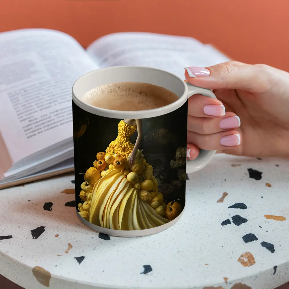 Woman In Yellow Vegetable Gown Dark Background – Mugs