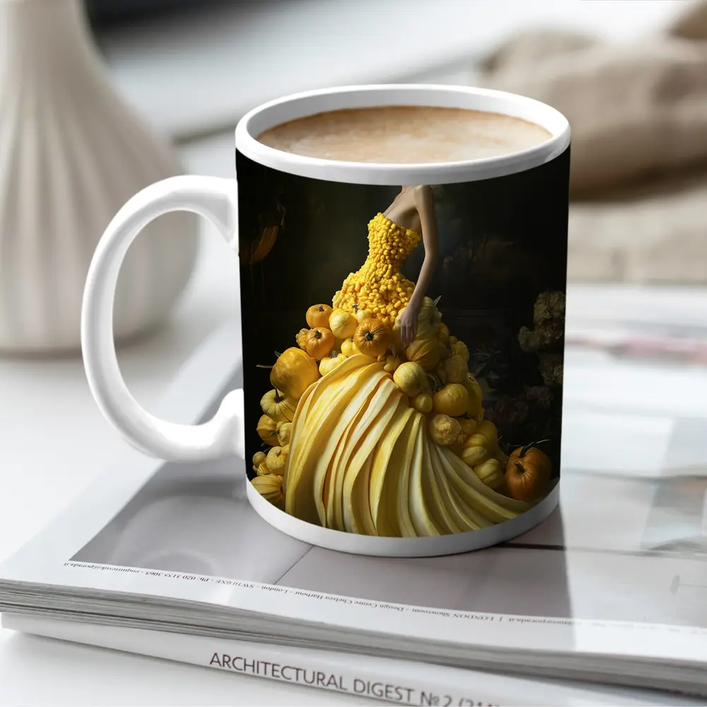 Woman In Yellow Vegetable Gown Dark Background – Mugs