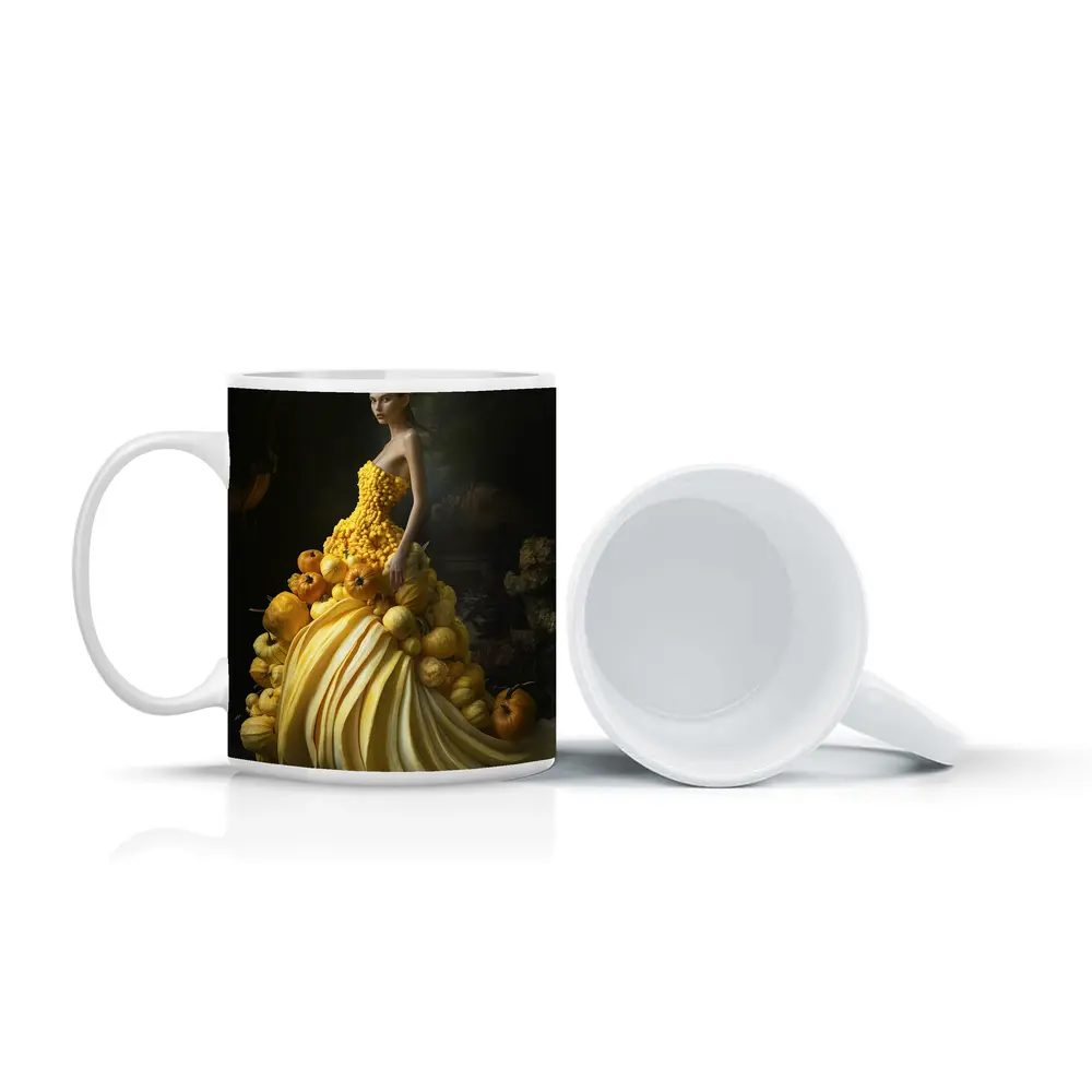 Woman In Yellow Vegetable Gown Dark Background – Mugs