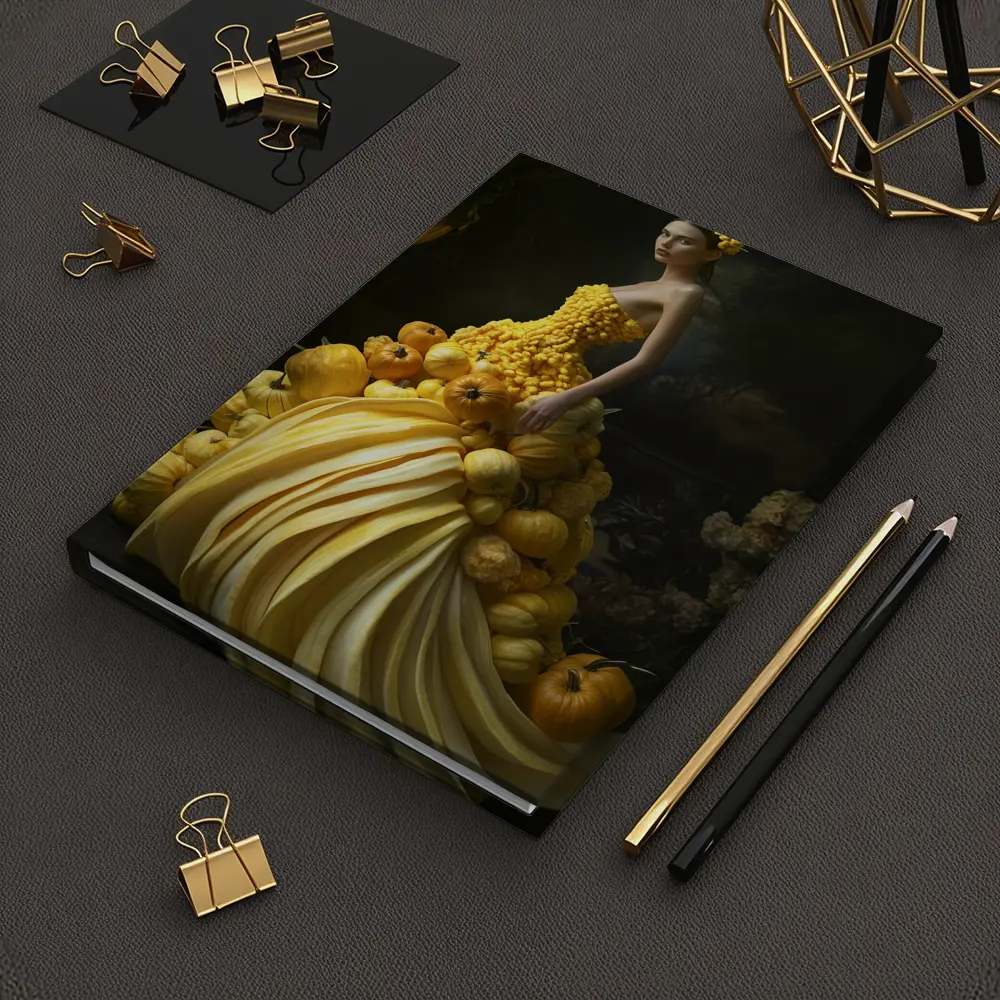 Woman In Yellow Vegetable Gown Dark Background – Notebooks