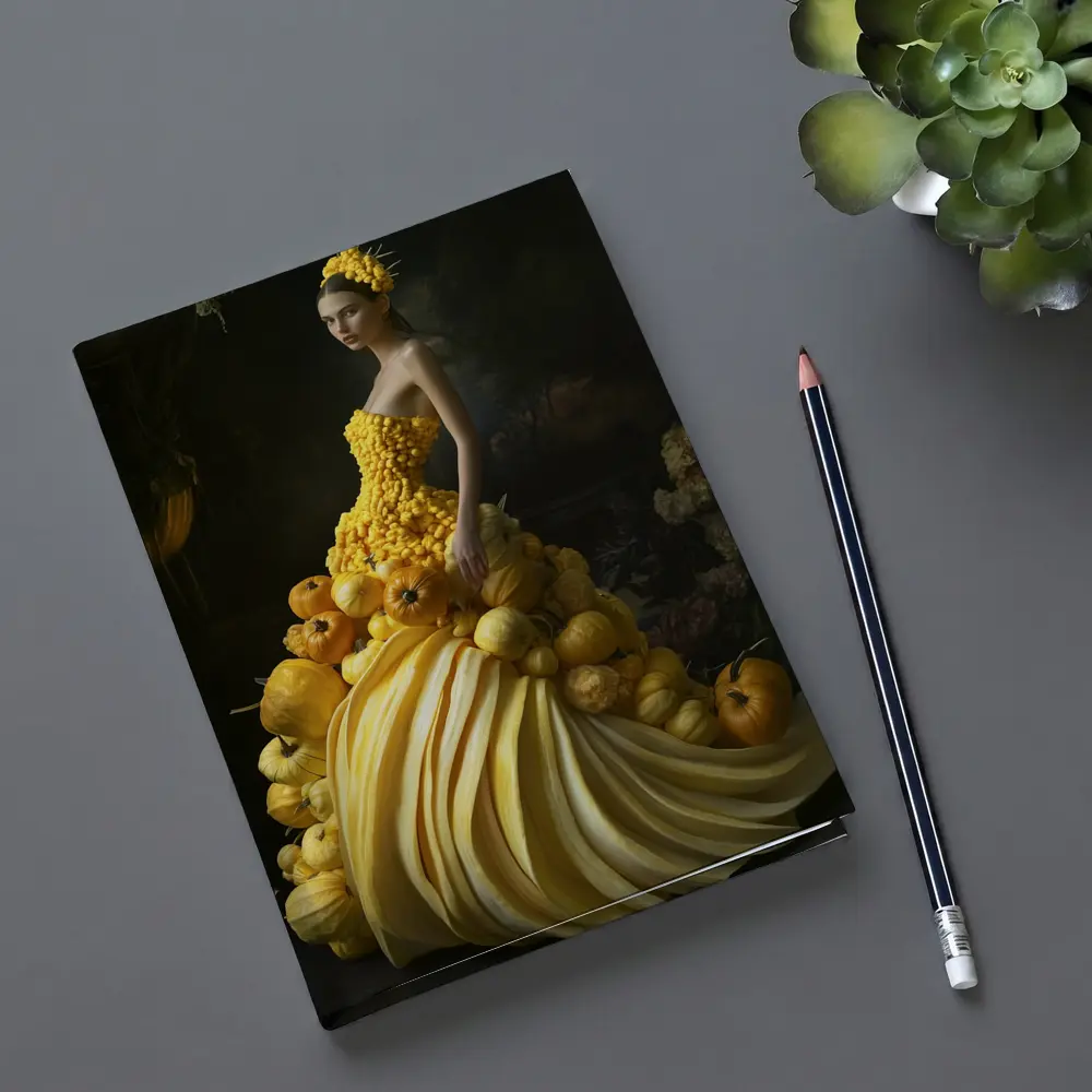 Woman In Yellow Vegetable Gown Dark Background – Notebooks