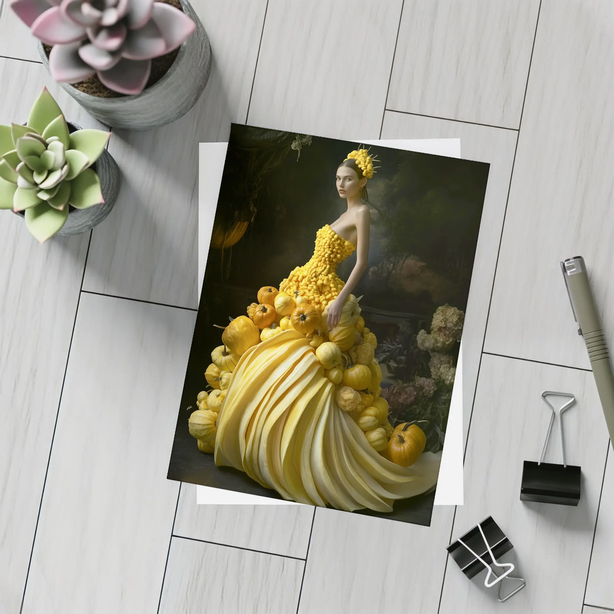 Woman In Yellow Vegetable Gown Dark Background – Postcards