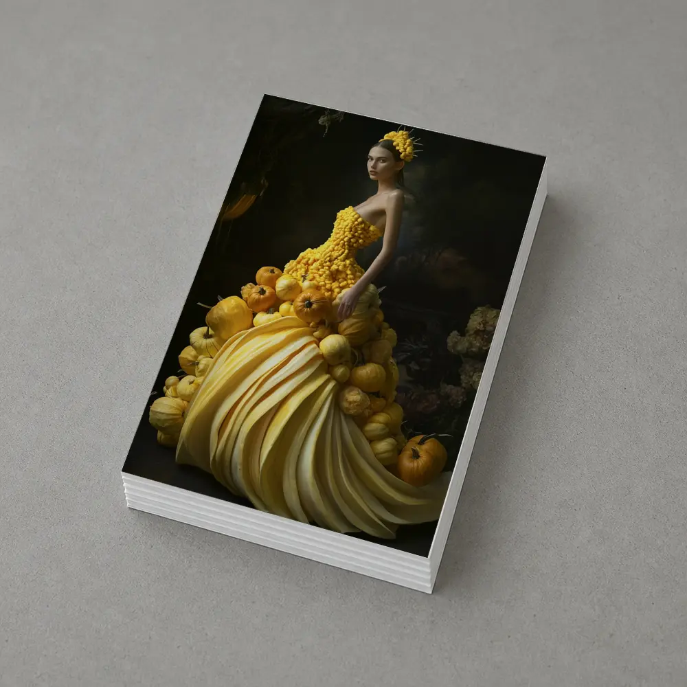 Woman In Yellow Vegetable Gown Dark Background – Postcards