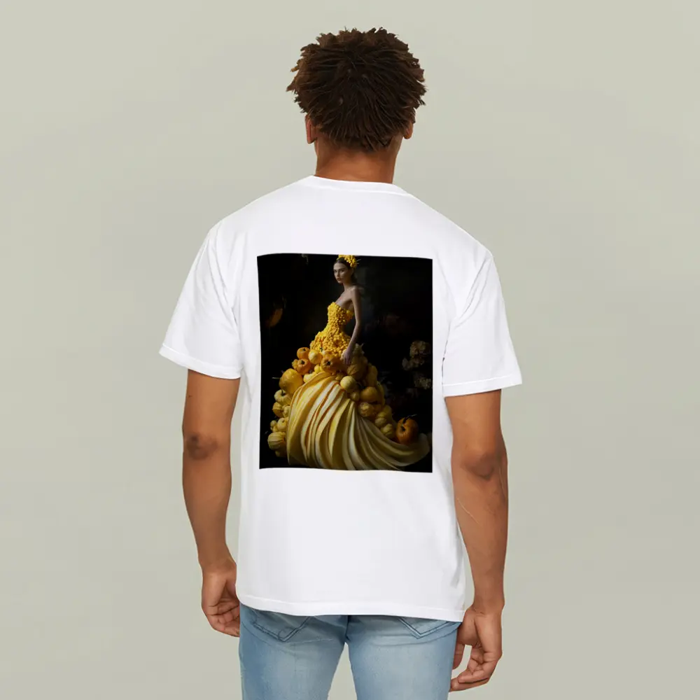 Woman In Yellow Vegetable Gown Dark Background – T-Shirts