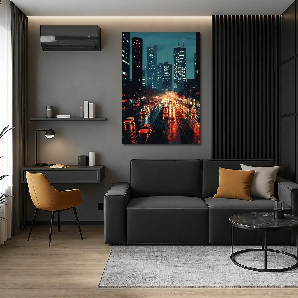 Rainy City Street Night Skyline Scene – Wall Art