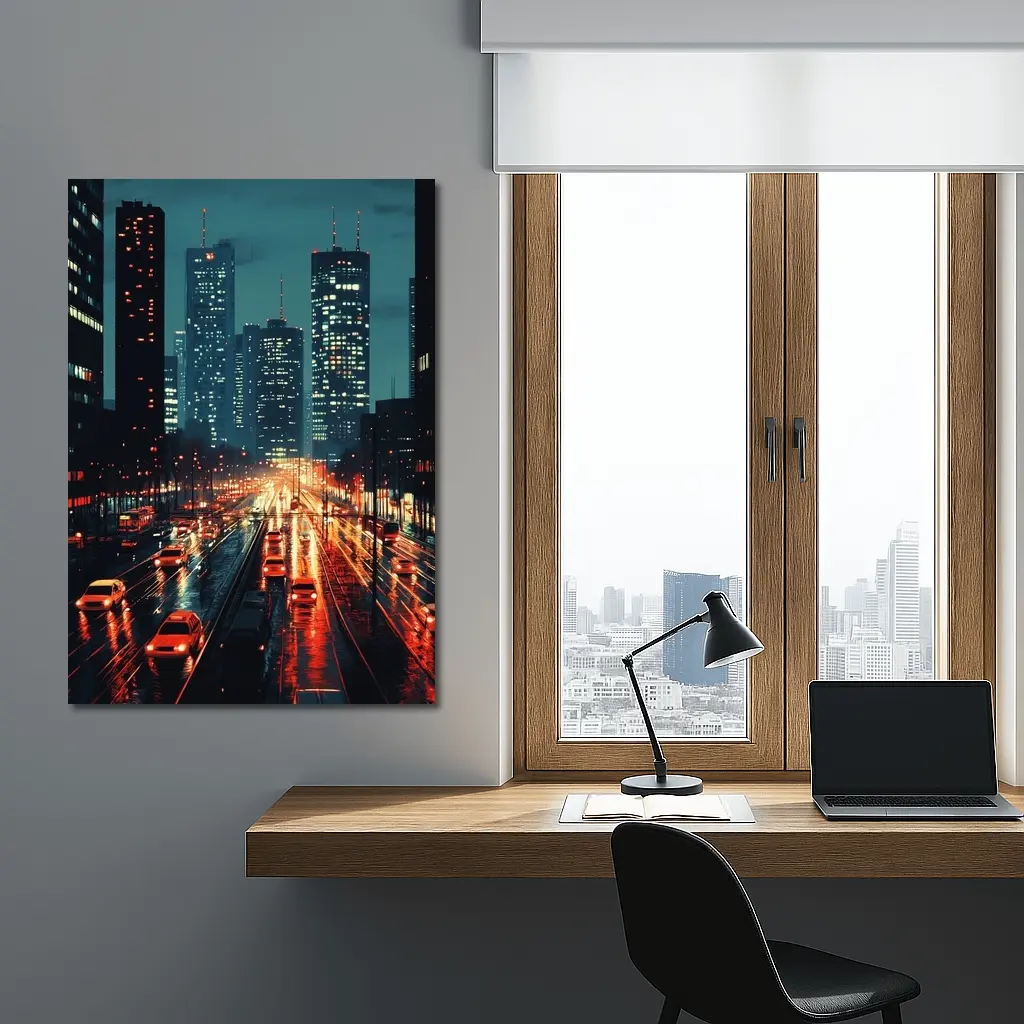 Rainy City Street Night Skyline Scene – Wall Art