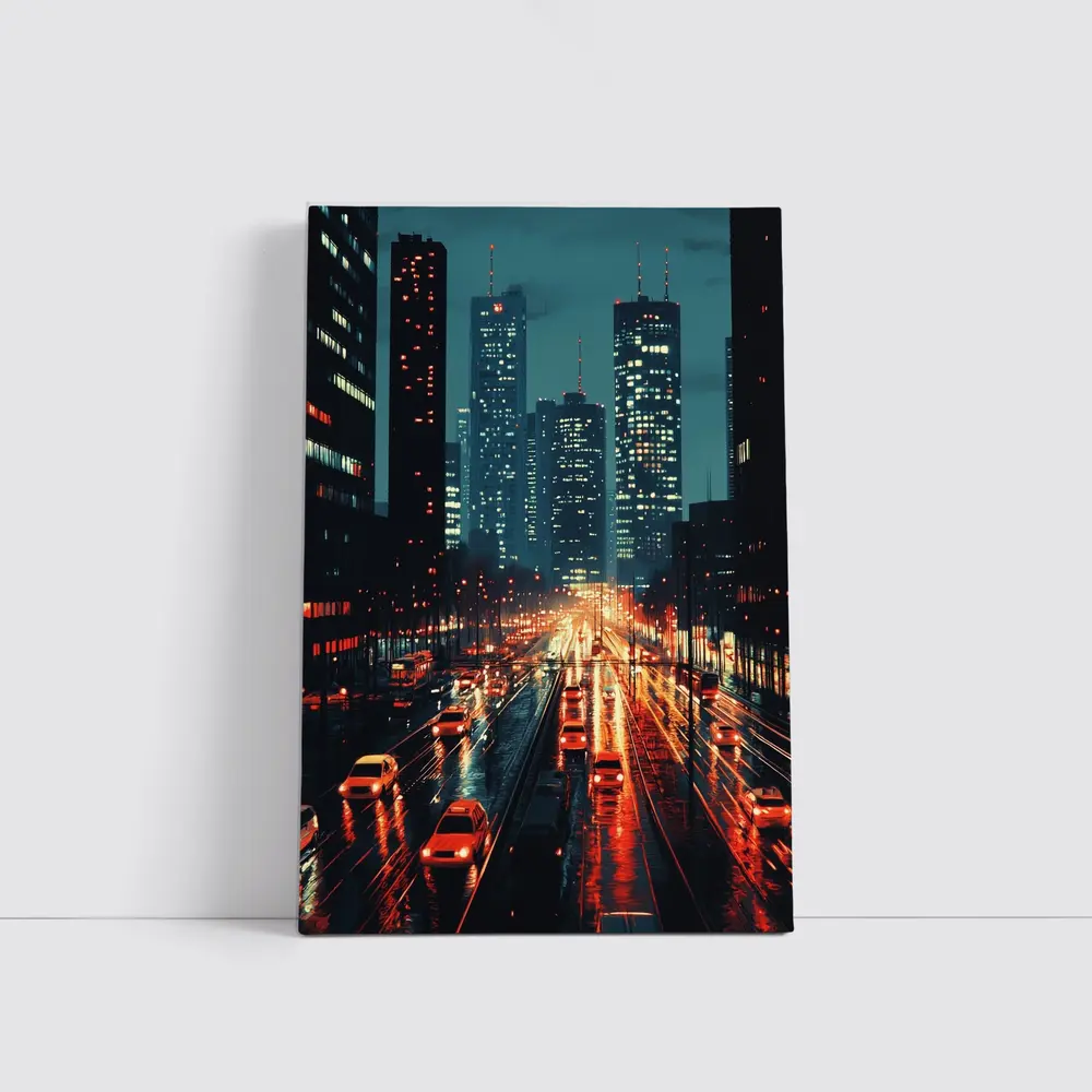 Rainy City Street Night Skyline Scene – Wall Art