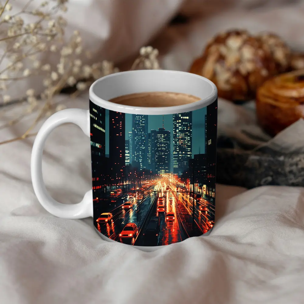 Rainy City Street Night Skyline Scene – Mugs