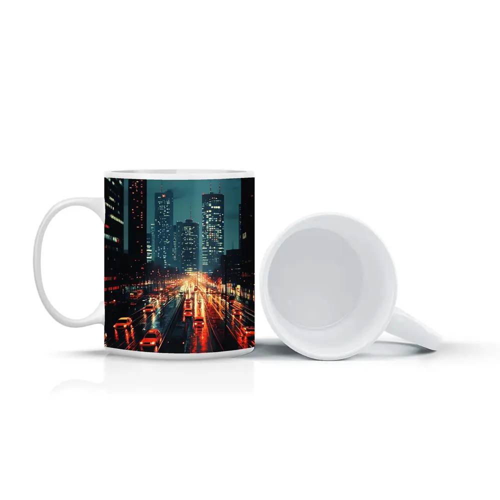 Rainy City Street Night Skyline Scene – Mugs