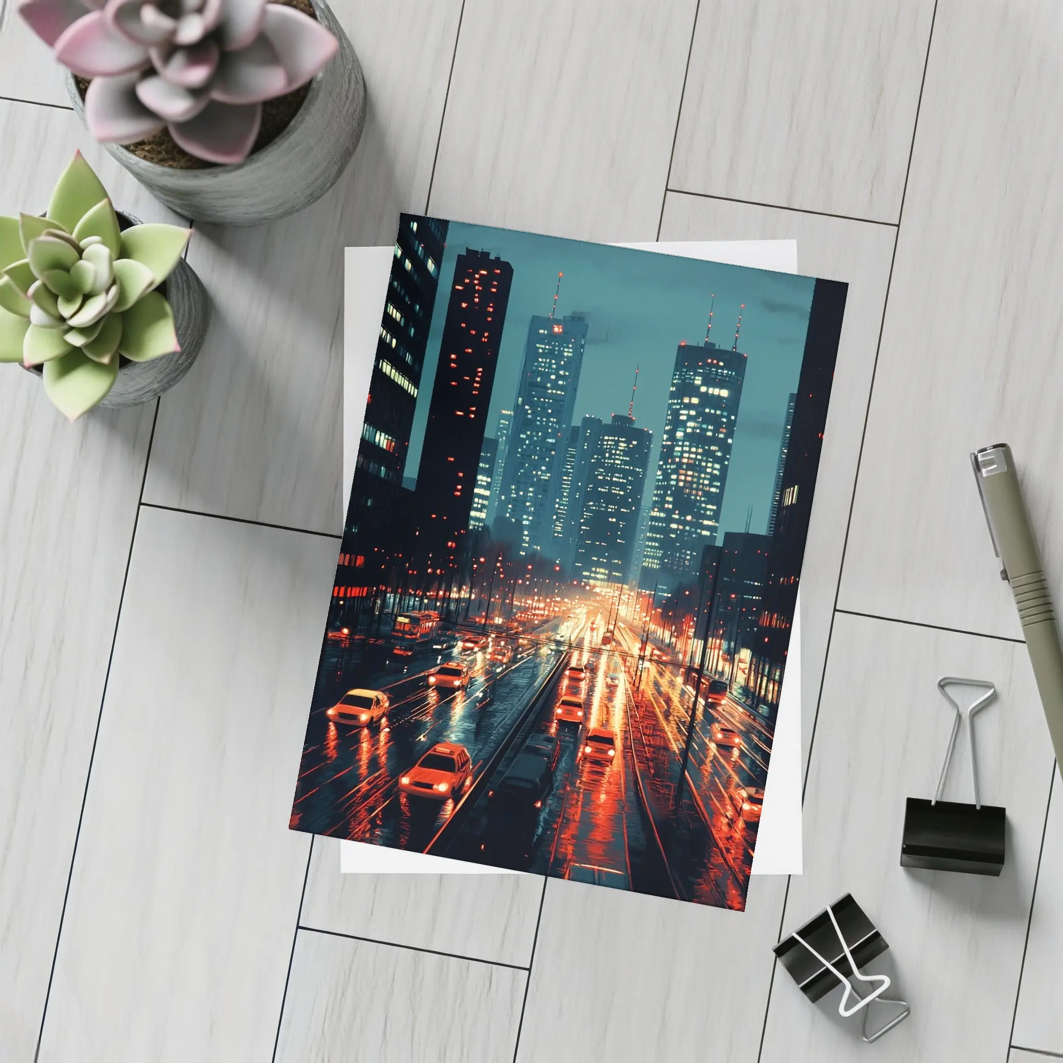 Rainy City Street Night Skyline Scene – Postcards