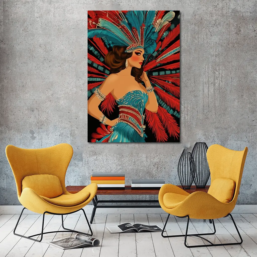 Showgirl Teal Costume Red Feathers Dark Background – Wall Art