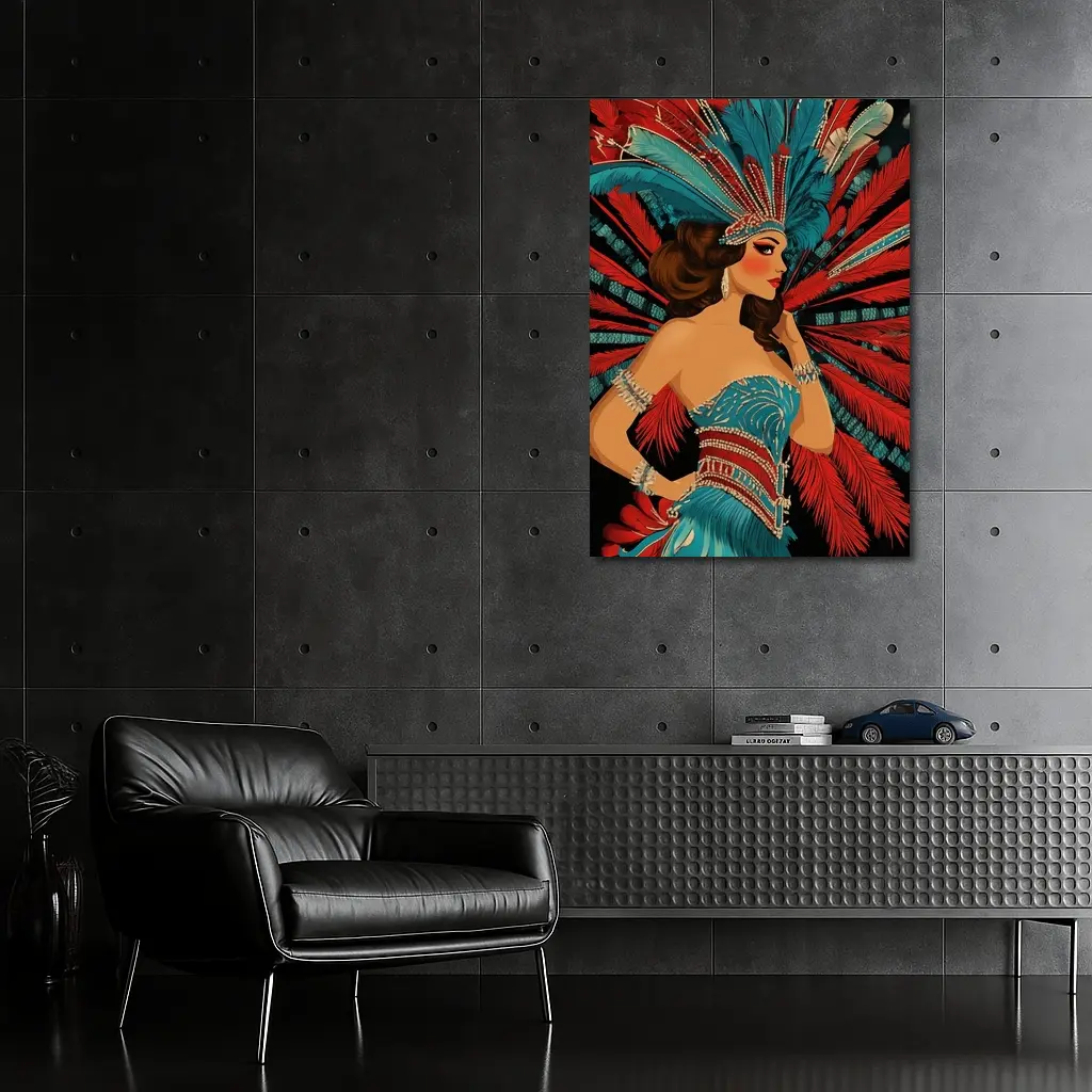 Showgirl Teal Costume Red Feathers Dark Background – Wall Art