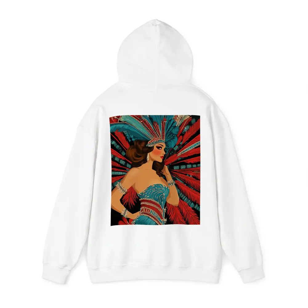 Showgirl Teal Costume Red Feathers Dark Background – Hoodies
