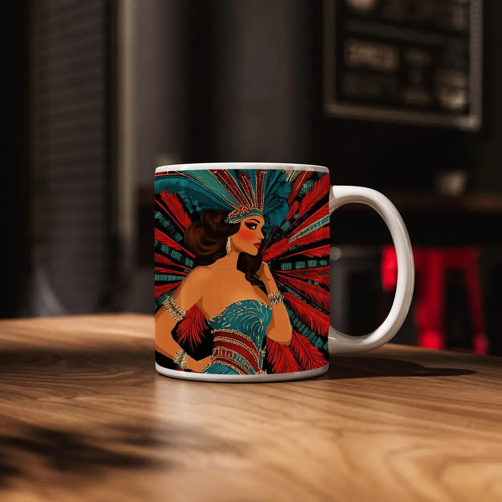 Showgirl Teal Costume Red Feathers Dark Background – Mugs