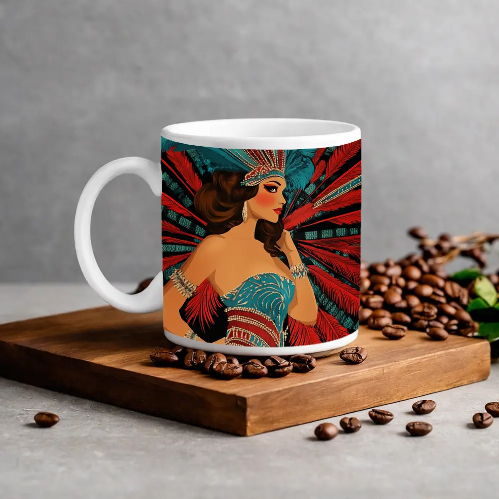 Showgirl Teal Costume Red Feathers Dark Background – Mugs