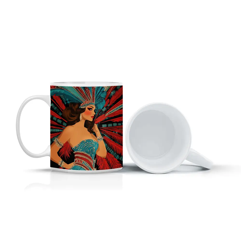 Showgirl Teal Costume Red Feathers Dark Background – Mugs