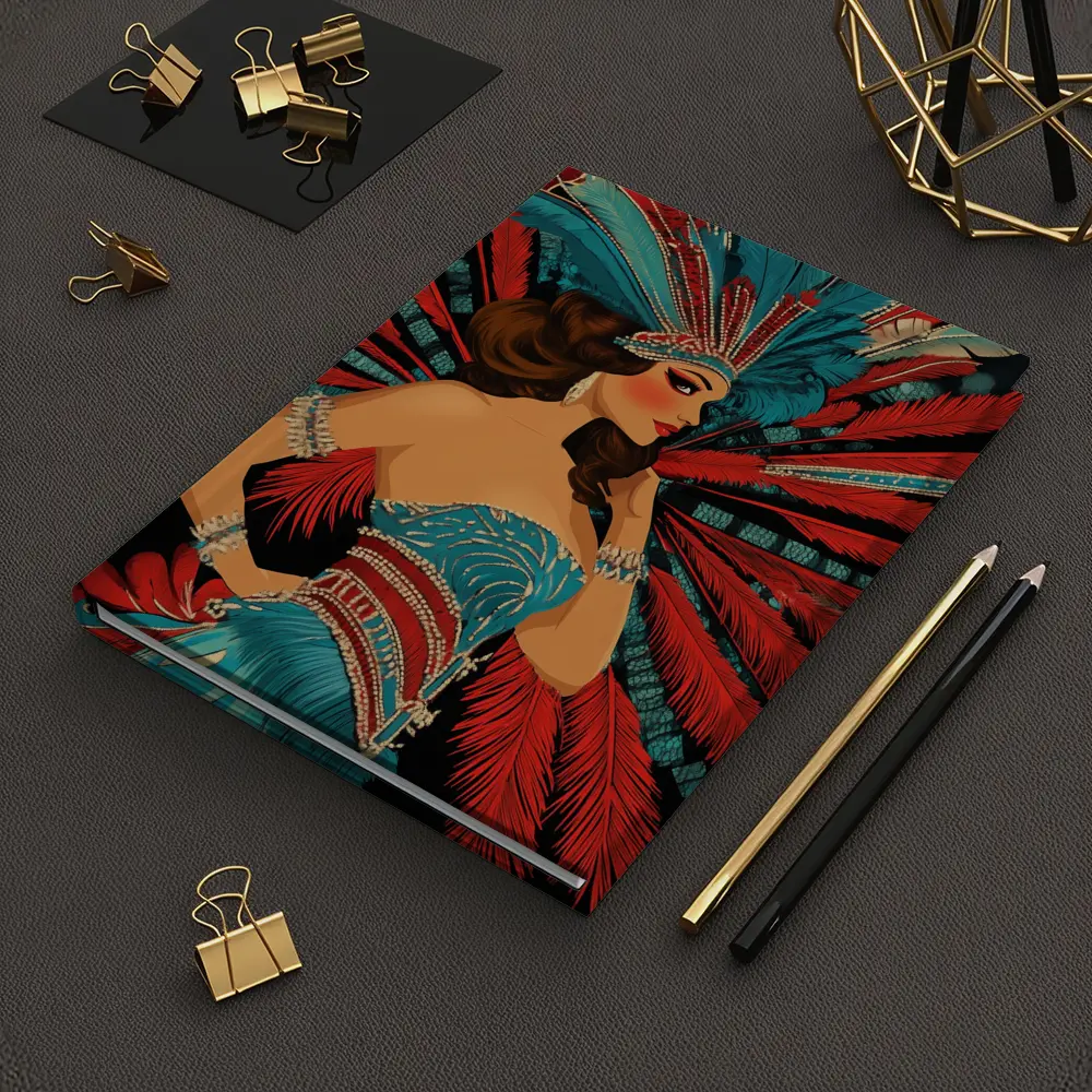 Showgirl Teal Costume Red Feathers Dark Background – Notebooks