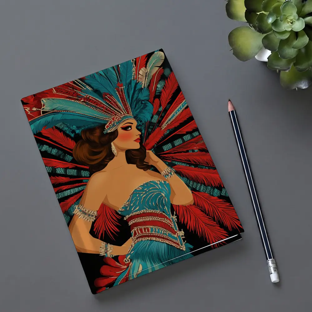 Showgirl Teal Costume Red Feathers Dark Background – Notebooks