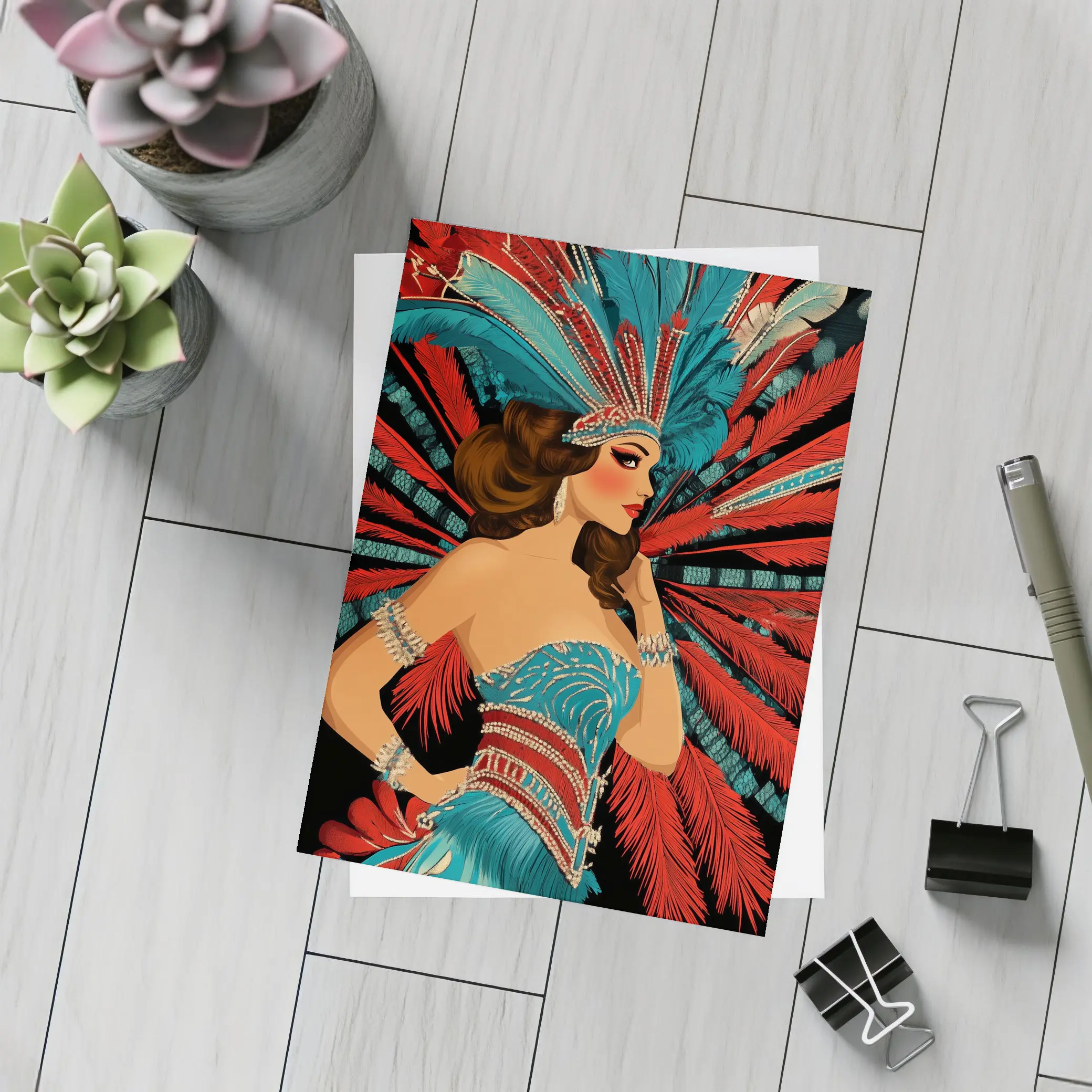 Showgirl Teal Costume Red Feathers Dark Background – Postcards