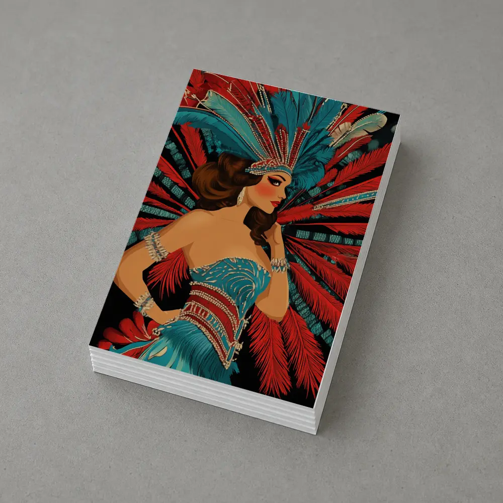 Showgirl Teal Costume Red Feathers Dark Background – Postcards