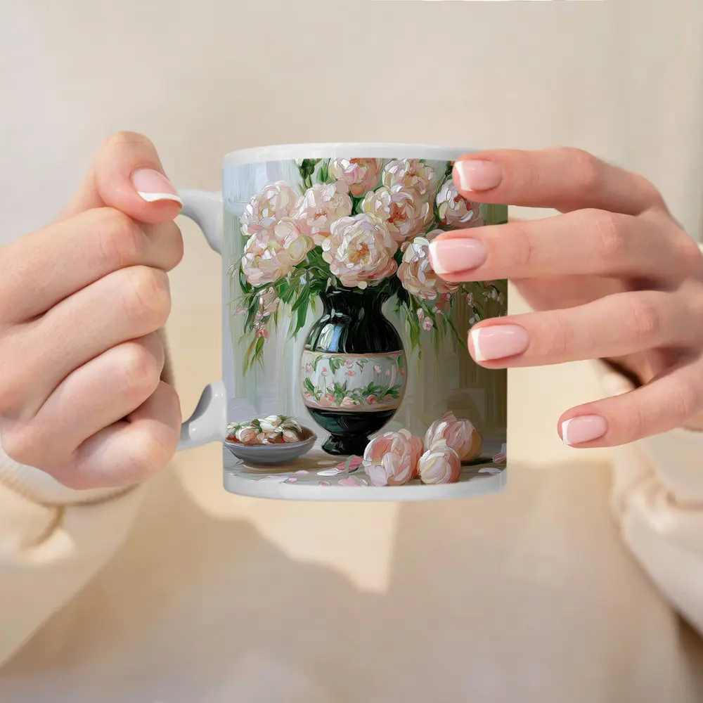 Pink Peonies Oil Painting Still Life – Mugs