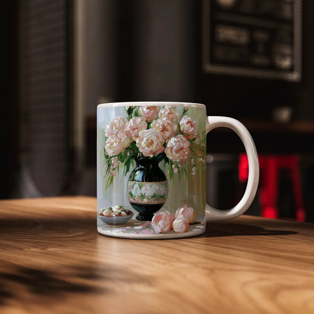 Pink Peonies Oil Painting Still Life – Mugs