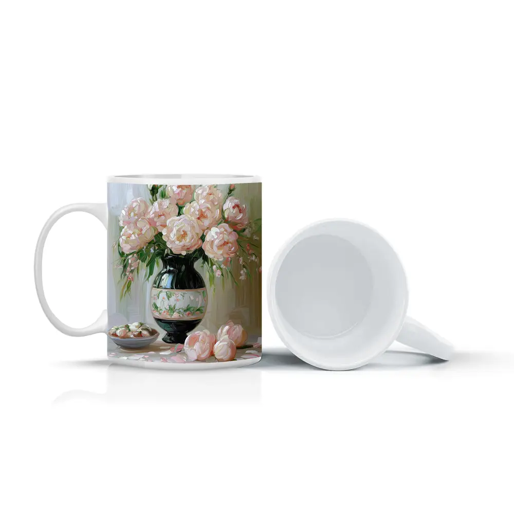 Pink Peonies Oil Painting Still Life – Mugs