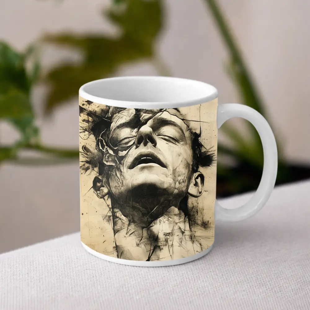 Expressive Charcoal Portrait Man Dark Abstract – Mugs