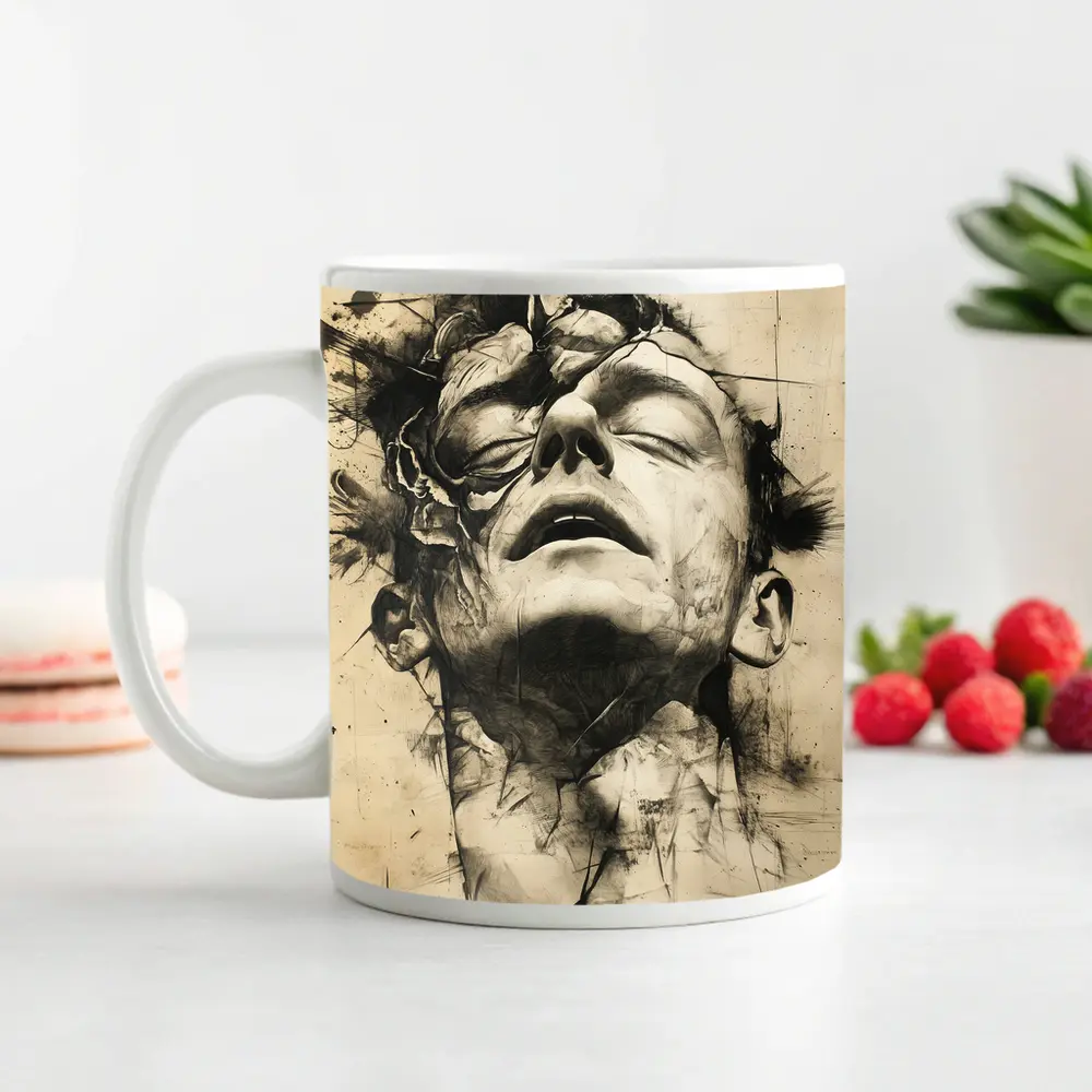 Expressive Charcoal Portrait Man Dark Abstract – Mugs
