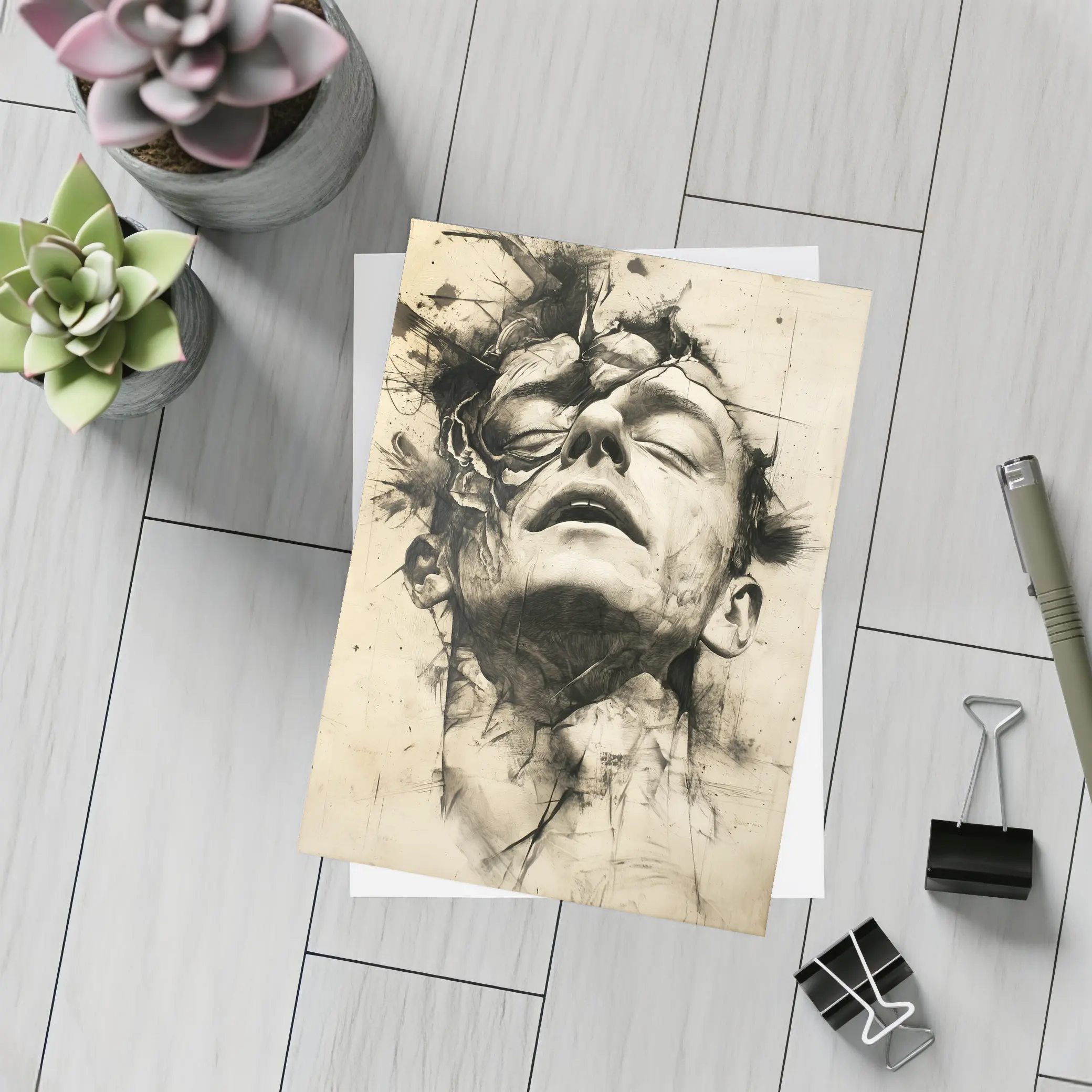 Expressive Charcoal Portrait Man Dark Abstract – Postcards